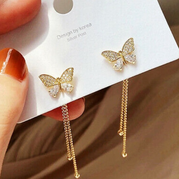 NEW 14k gold plated tassels butterflies earrings - Picture 2 of 3
